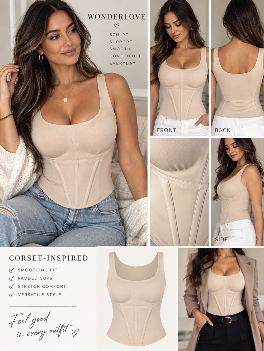 Wonderlove Corset Shapewear Bustier Top L Nude Beige Padded Sculpting